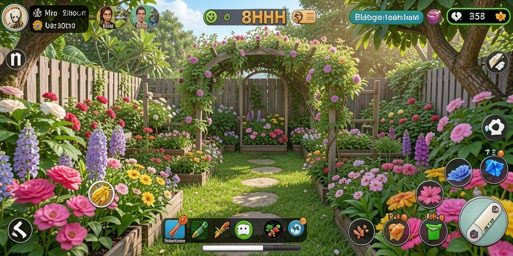 Screenshot menunjukkan gameplay berkebun yang seru dan interaktif.