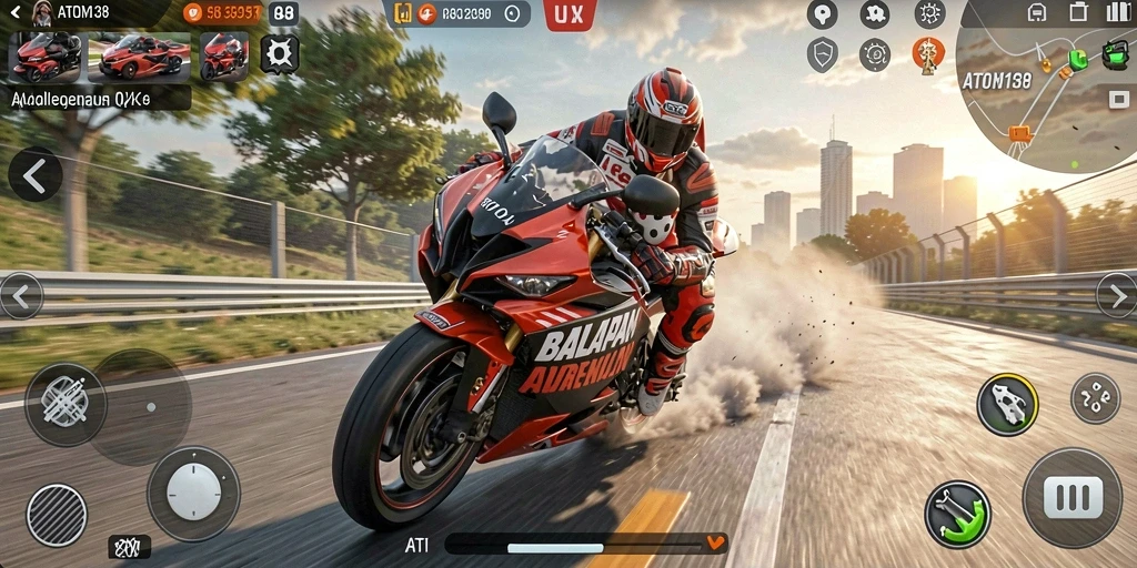 Tangkapan layar ATOM138 menampilkan balapan motor yang seru dan grafis menarik.