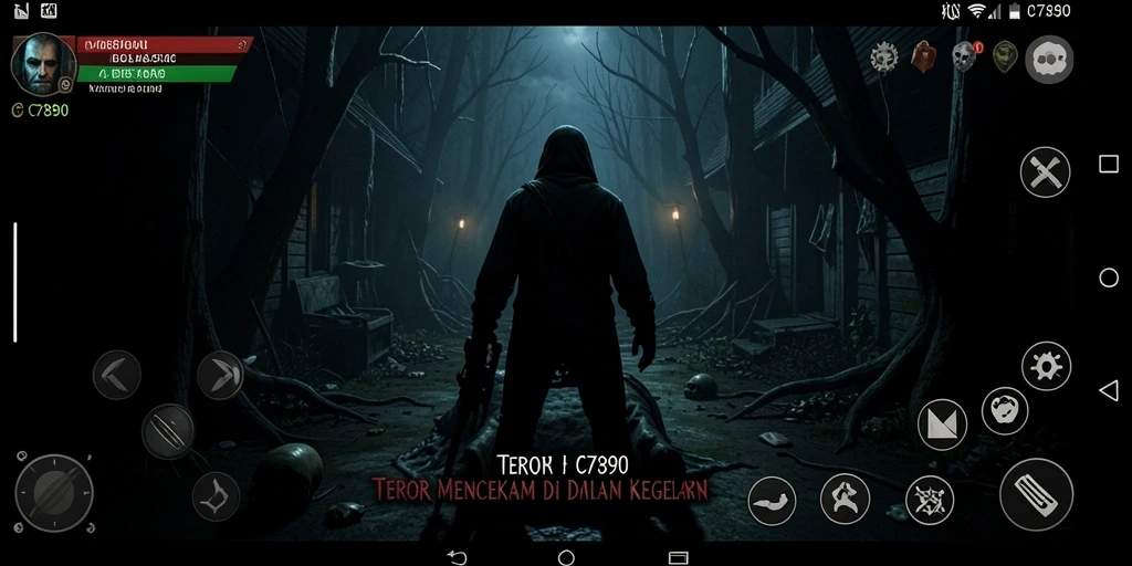 Screenshot C7890 menampilkan karakter di lingkungan menyeramkan, siap menghadapi ancaman.