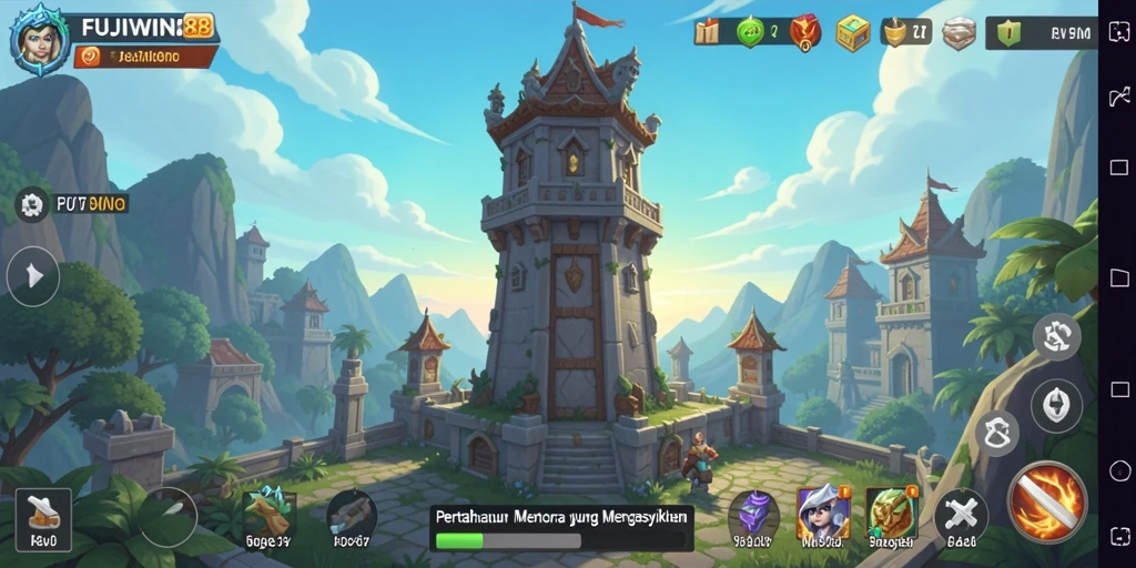 Tampilan gameplay seru dalam FUJIWIN88 dengan menara dan musuh yang menantang.