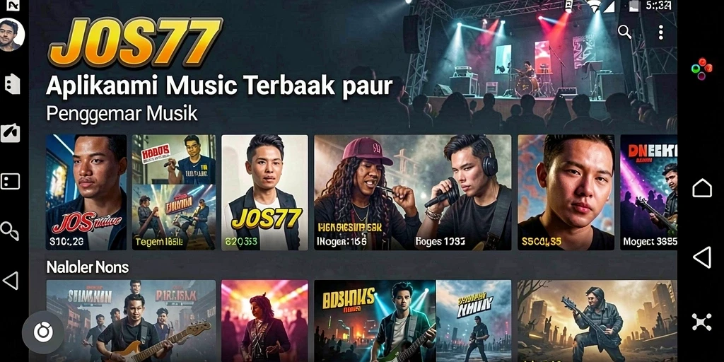Screenshot utama JOS77 menampilkan antarmuka aplikasi musik yang menarik.