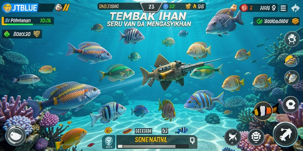 Tangkapan layar dari gameplay JTBLUE yang menampilkan aksi tembak ikan yang seru.