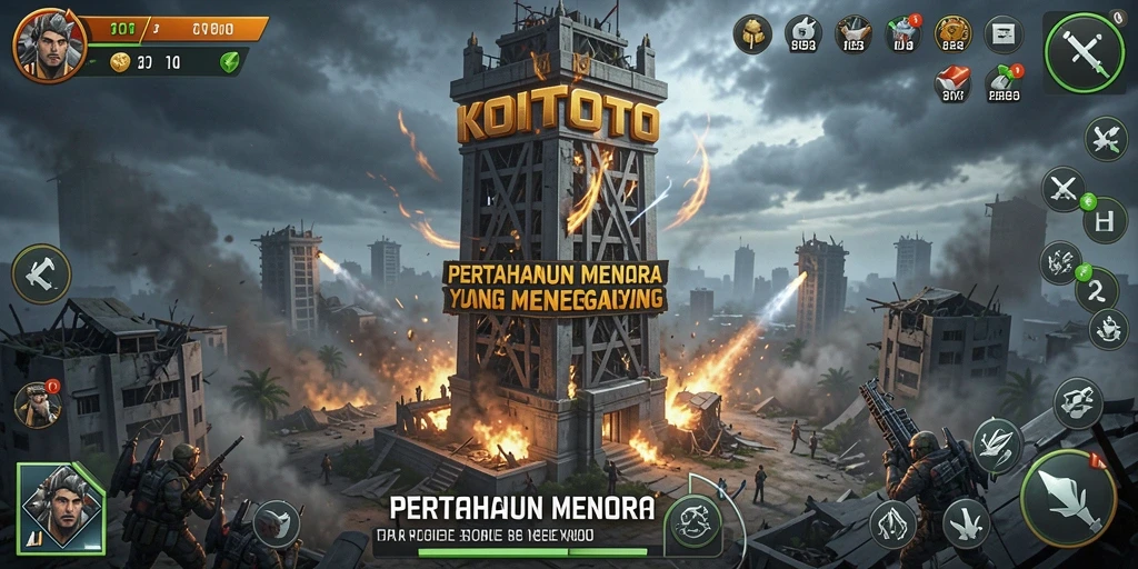 Tampilan menara pertahanan yang penuh aksi dalam permainan KOITOTO.