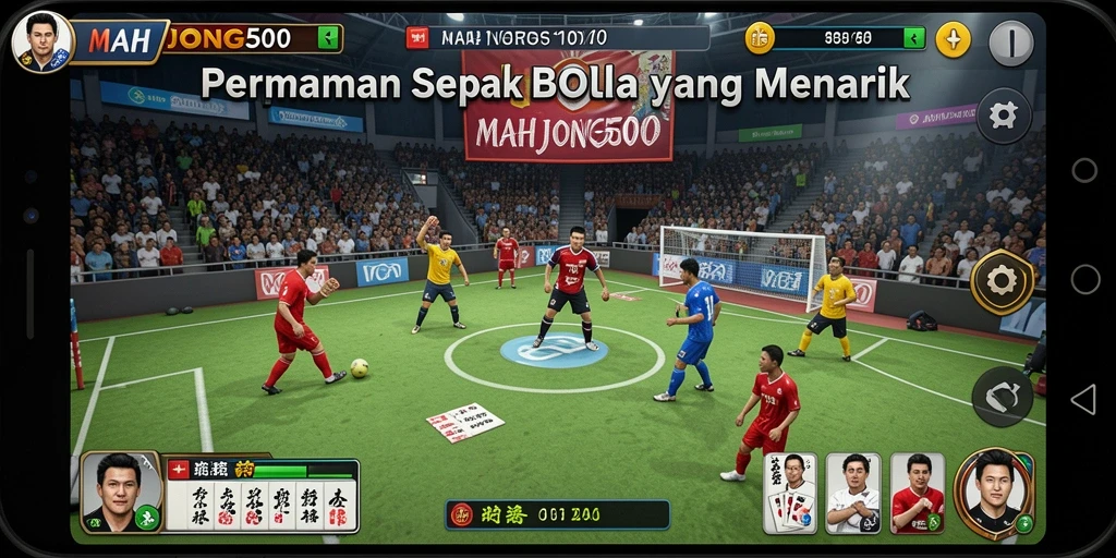 Tampilan layar utama MAHJONG500 dengan aksi sepak bola seru.