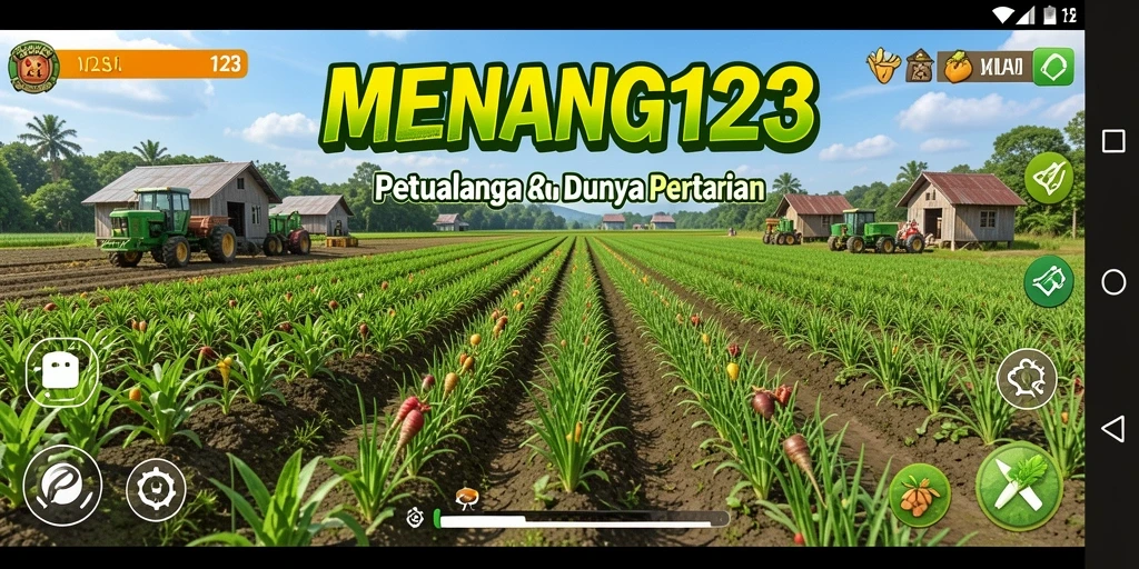 Screenshot MENANG123 menampilkan petani merawat ladang tanaman.