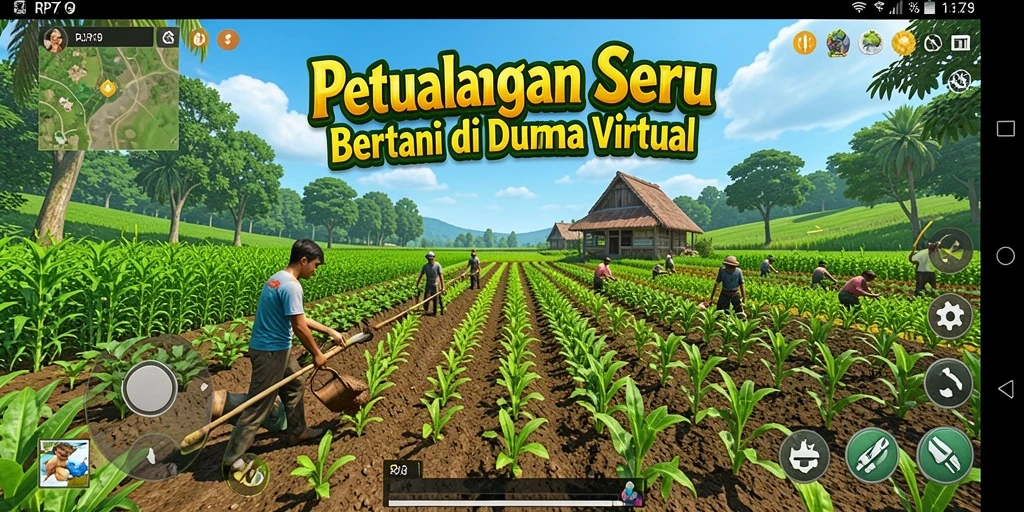 Screenshot RP79 menampilkan suasana pertanian yang ceria dan penuh warna.