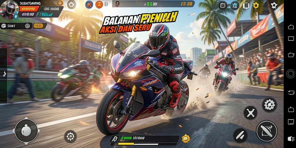 Tampilan gameplay seru SOBATGAMING saat balapan motor.