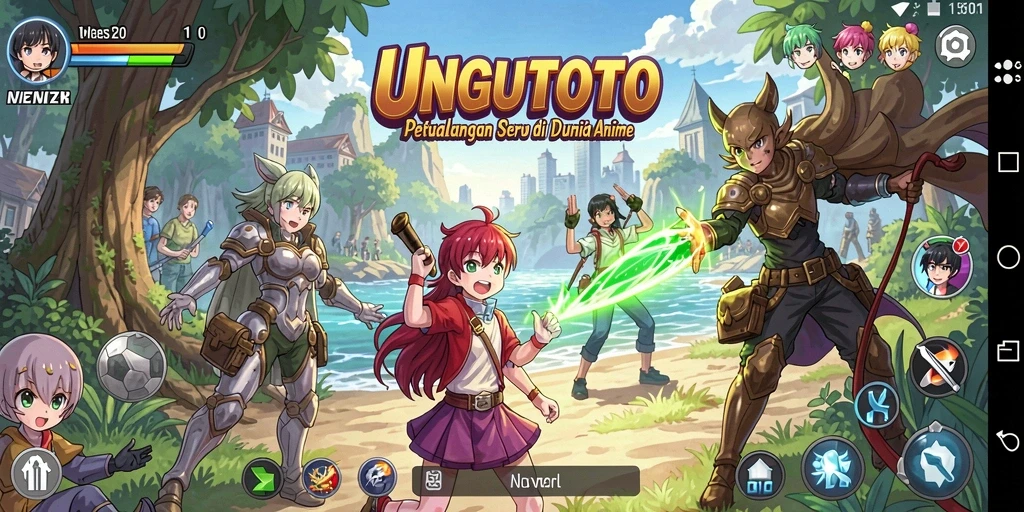 Screenshot gameplay UNGUTOTO menampilkan aksi karakter anime yang dinamis.